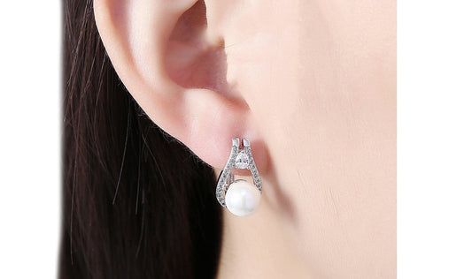 14K White Gold Tone  Luxe Elements Pav'e Freshwater Pearl Pear Cut Clip On Earrings ITALY Design