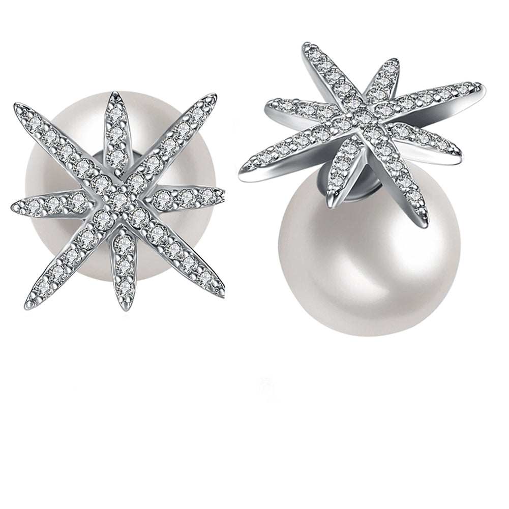 Starburst Freshwater Pearl Double Stud Earring in  Silvertone with  Crystals