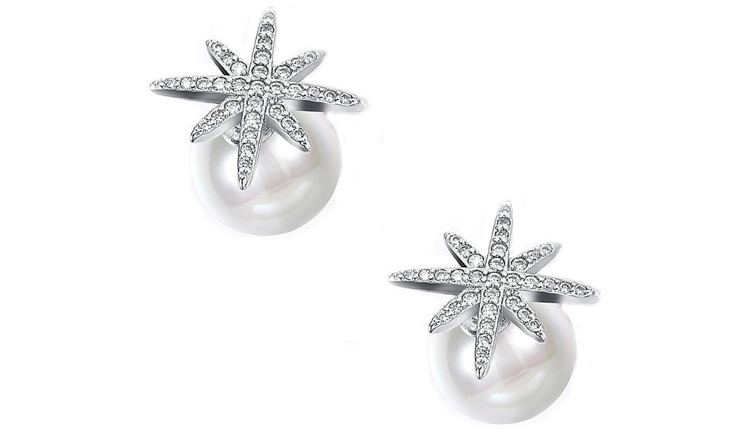 Freshwater Pearl Luxe Elements Pav'e Starburst Studs in 14K White Gold Tone  ITALY Design