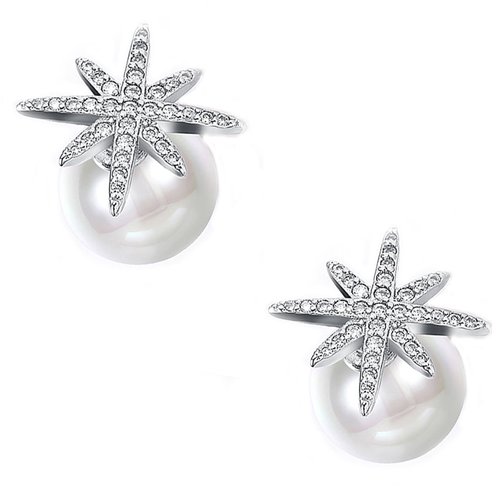 Starburst Freshwater Pearl Double Stud Earring in  Silvertone with  Crystals