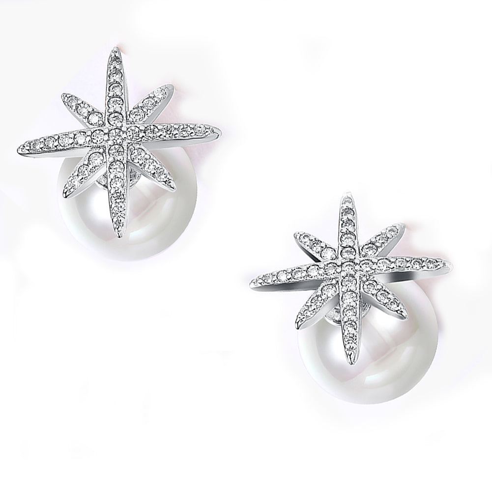 Starburst Freshwater Pearl Double Stud Earring in  Silvertone with  Crystals