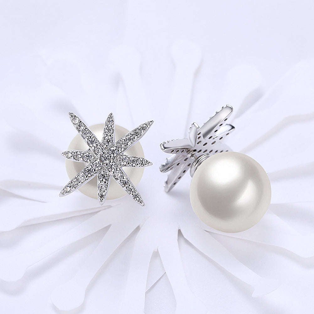 Starburst Freshwater Pearl Double Stud Earring in  Silvertone with  Crystals