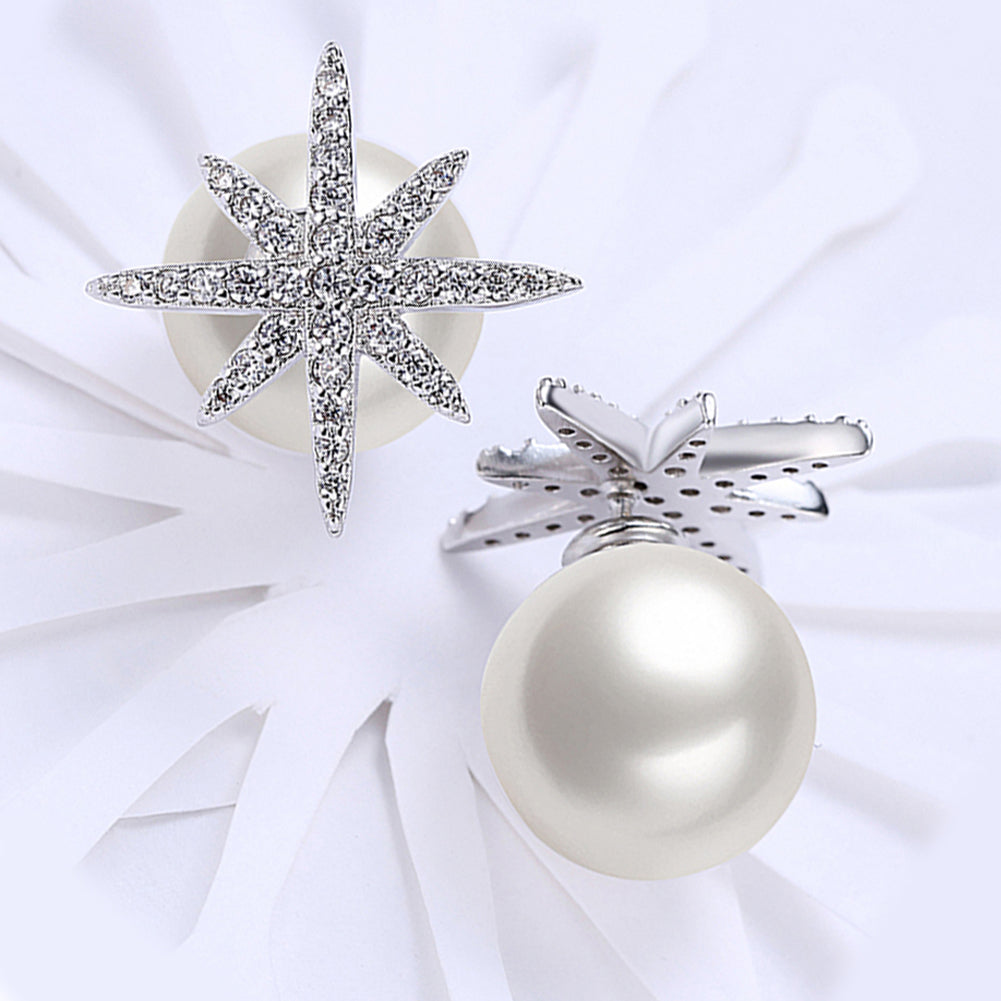 Starburst Freshwater Pearl Double Stud Earring in  Silvertone with  Crystals