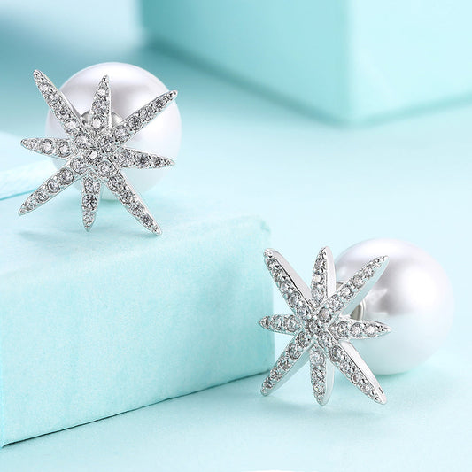 Starburst Freshwater Pearl Double Stud Earring in  Silvertone with  Crystals