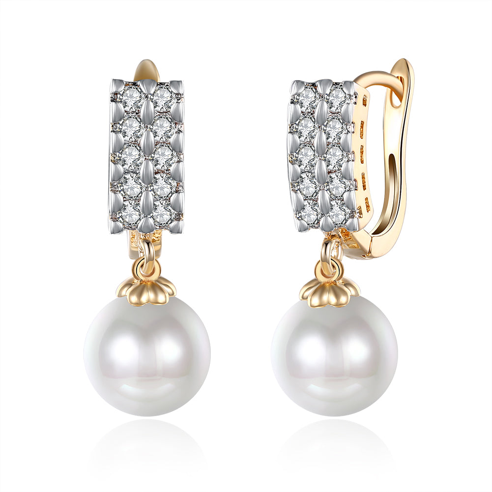 Double Row Freshwater Pearl Drop Huggie Earring in Goldtone with  Crystals