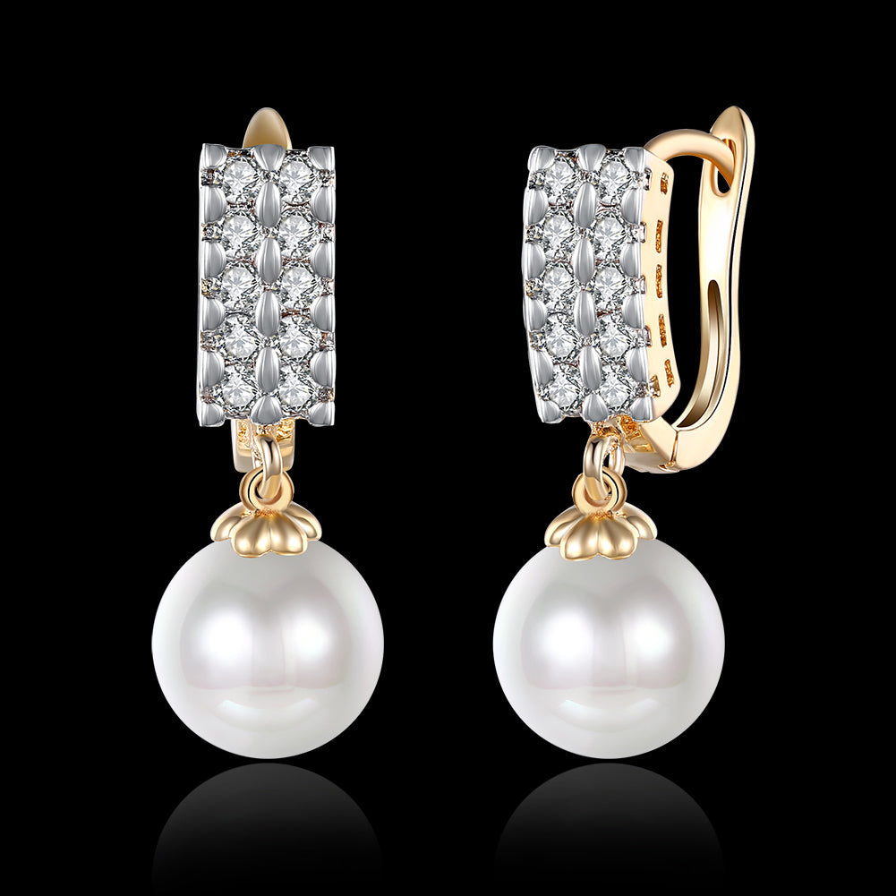 Double Row Freshwater Pearl Drop Huggie Earring in Goldtone with  Crystals