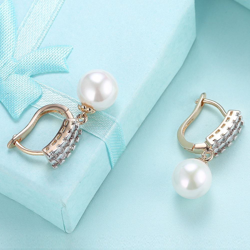 Double Row Freshwater Pearl Drop Huggie Earring in Goldtone with  Crystals
