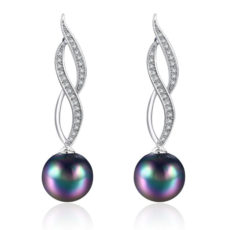 Micro Pav'e Created Dimaond Curved Inception Akoya Pearl Dangling Earrings Set in Silvertone, Earring, Riakoob Jewelry, Riakoob Jewelry fashion jewelry, cheap jewelry, jewelry for mom, 