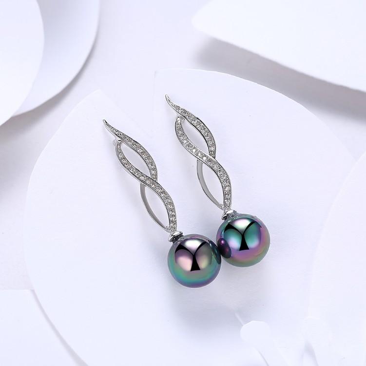 Micro Pav'e Created Dimaond Curved Inception Akoya Pearl Dangling Earrings Set in Silvertone, Earring, Riakoob Jewelry, Riakoob Jewelry fashion jewelry, cheap jewelry, jewelry for mom, 