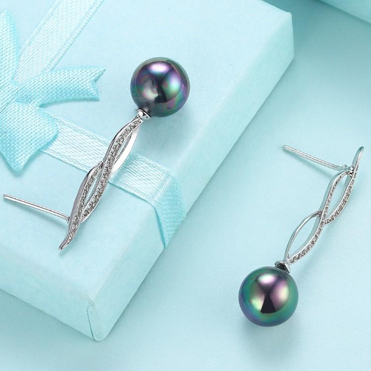 Micro Pav'e Created Dimaond Curved Inception Akoya Pearl Dangling Earrings Set in Silvertone, Earring, Riakoob Jewelry, Riakoob Jewelry fashion jewelry, cheap jewelry, jewelry for mom, 
