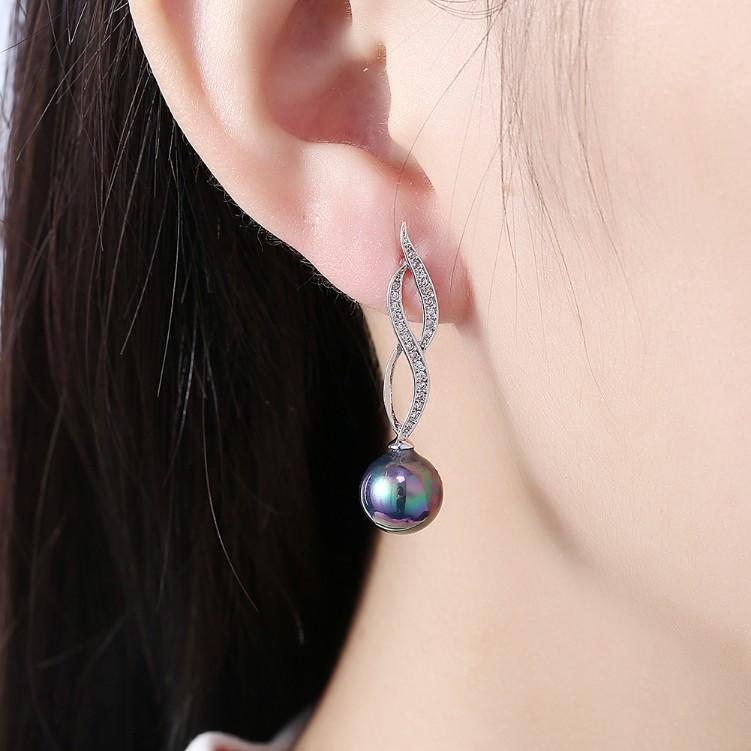 Micro Pav'e Created Dimaond Curved Inception Akoya Pearl Dangling Earrings Set in Silvertone - Riakoob Jewelry