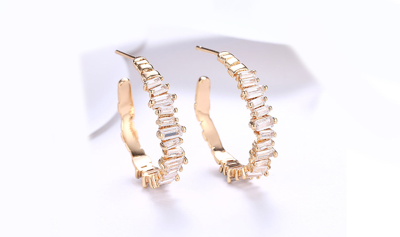 Goldtone Tone  Emerald Cut White Sapphire Earrings