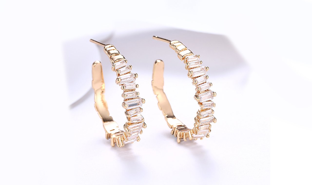Goldtone Tone  Emerald Cut Asymmetrical Elements Earrings ITALY Design
