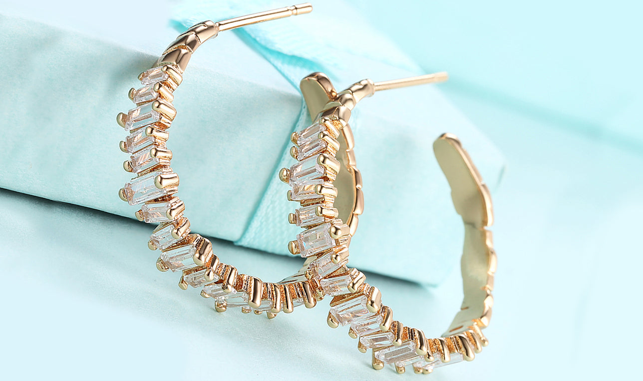 Goldtone Tone  Emerald Cut White Sapphire Earrings