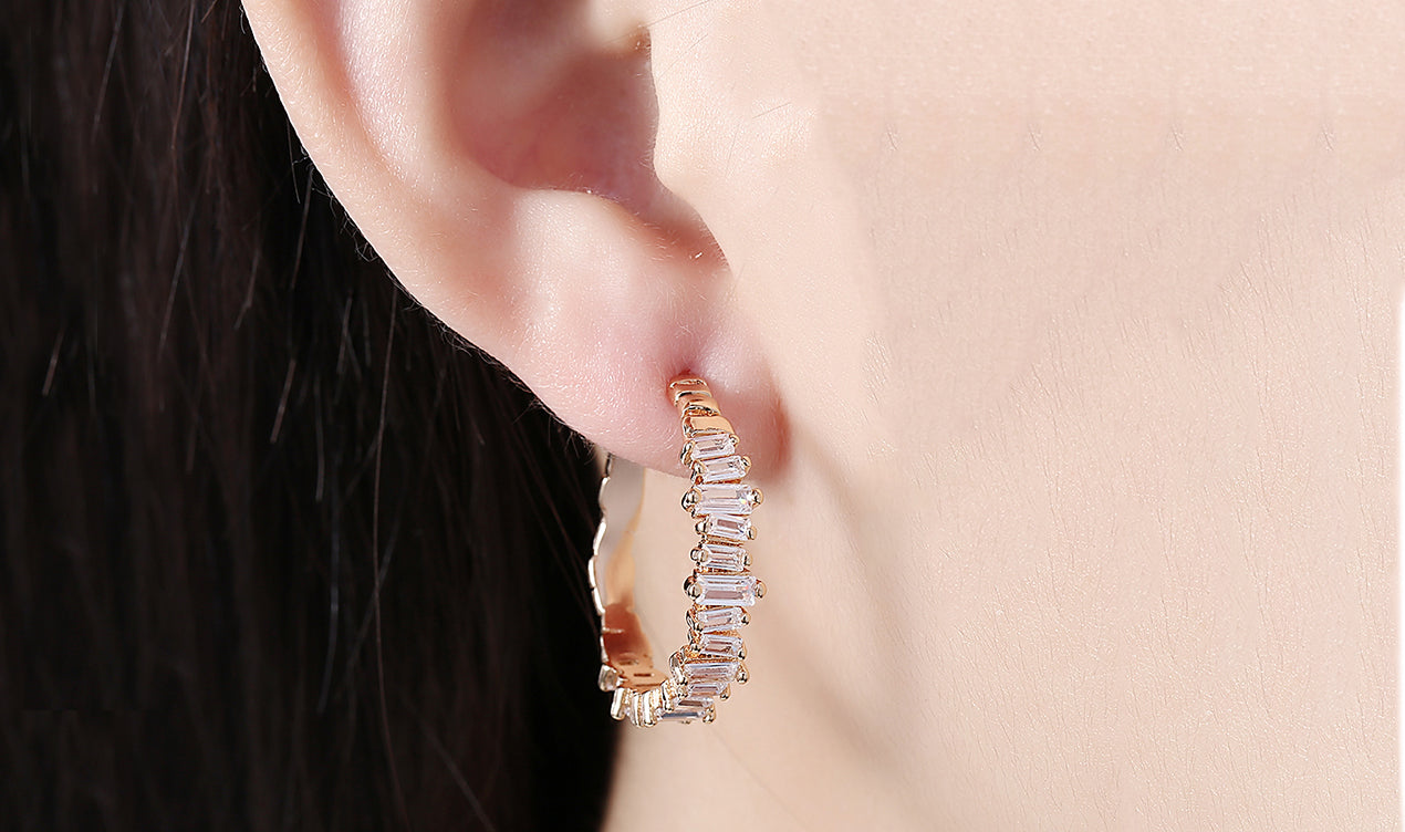 Goldtone Tone  Emerald Cut White Sapphire Earrings