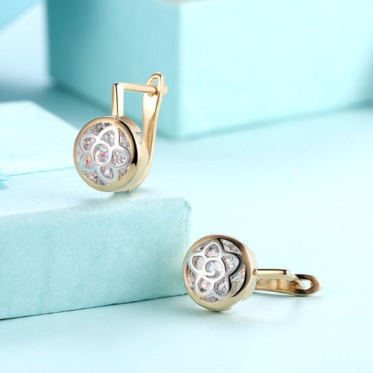 Floral Inprint Circular Leverback Earrings Set in Goldtone - Riakoob Jewelry