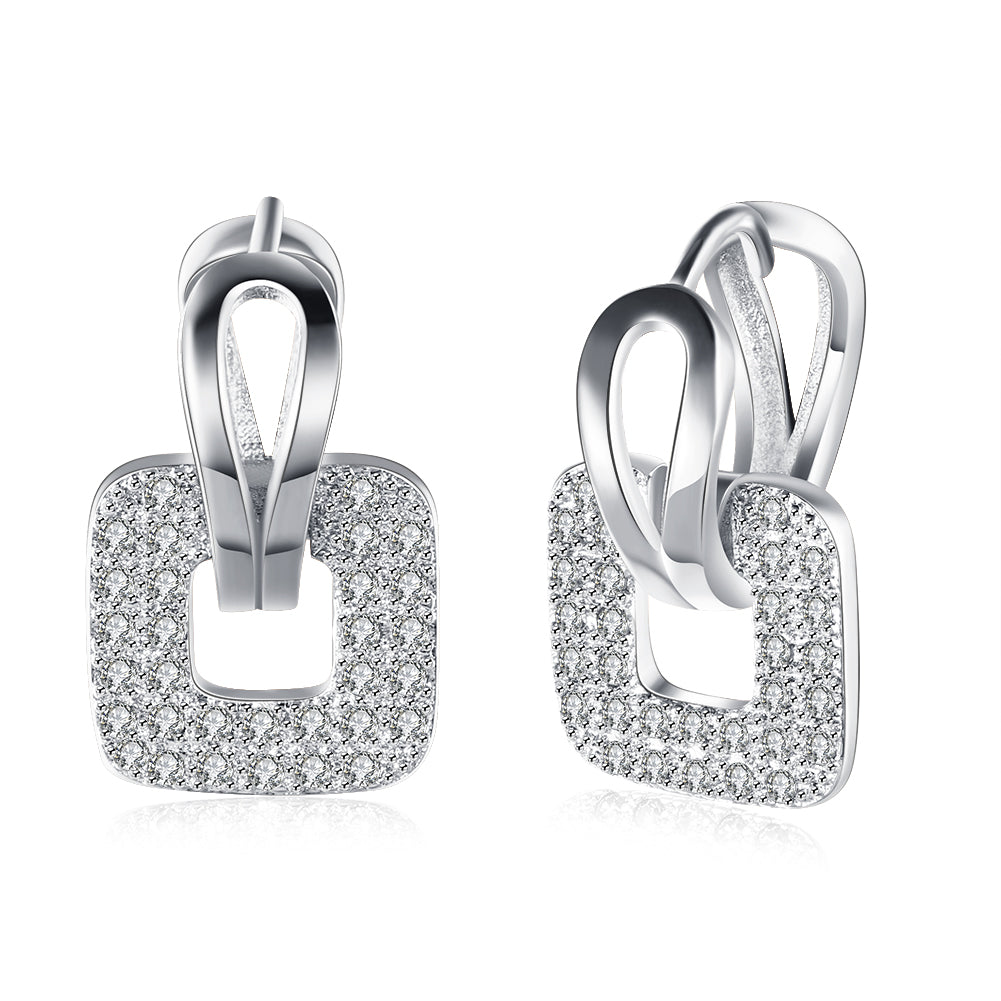 Pave Sqaure Huggie Earring in  Silvertone