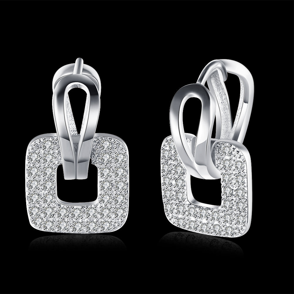 Pave Sqaure Huggie Earring in  Silvertone