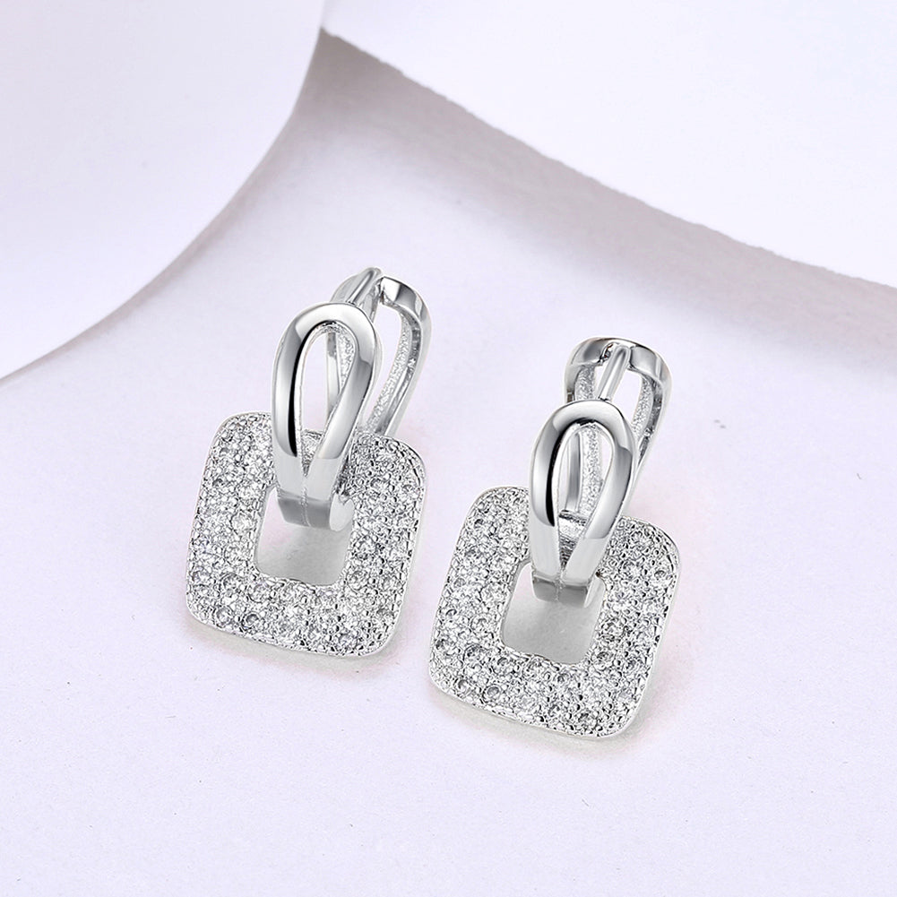 Pave Sqaure Huggie Earring in  Silvertone