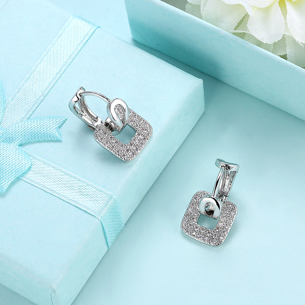 Pave Sqaure Huggie Earring in  Silvertone