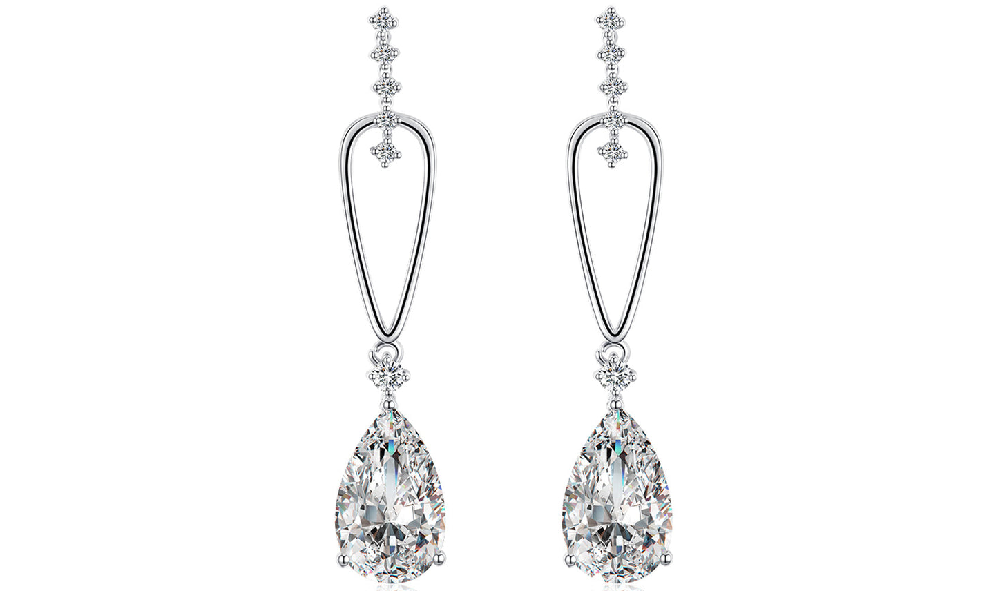 14K White Gold Tone  Dangling White Sapphire Pear Cut Earrings
