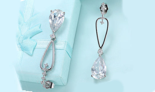 14K White Gold Tone  Dangling White  Pear Cut Earrings