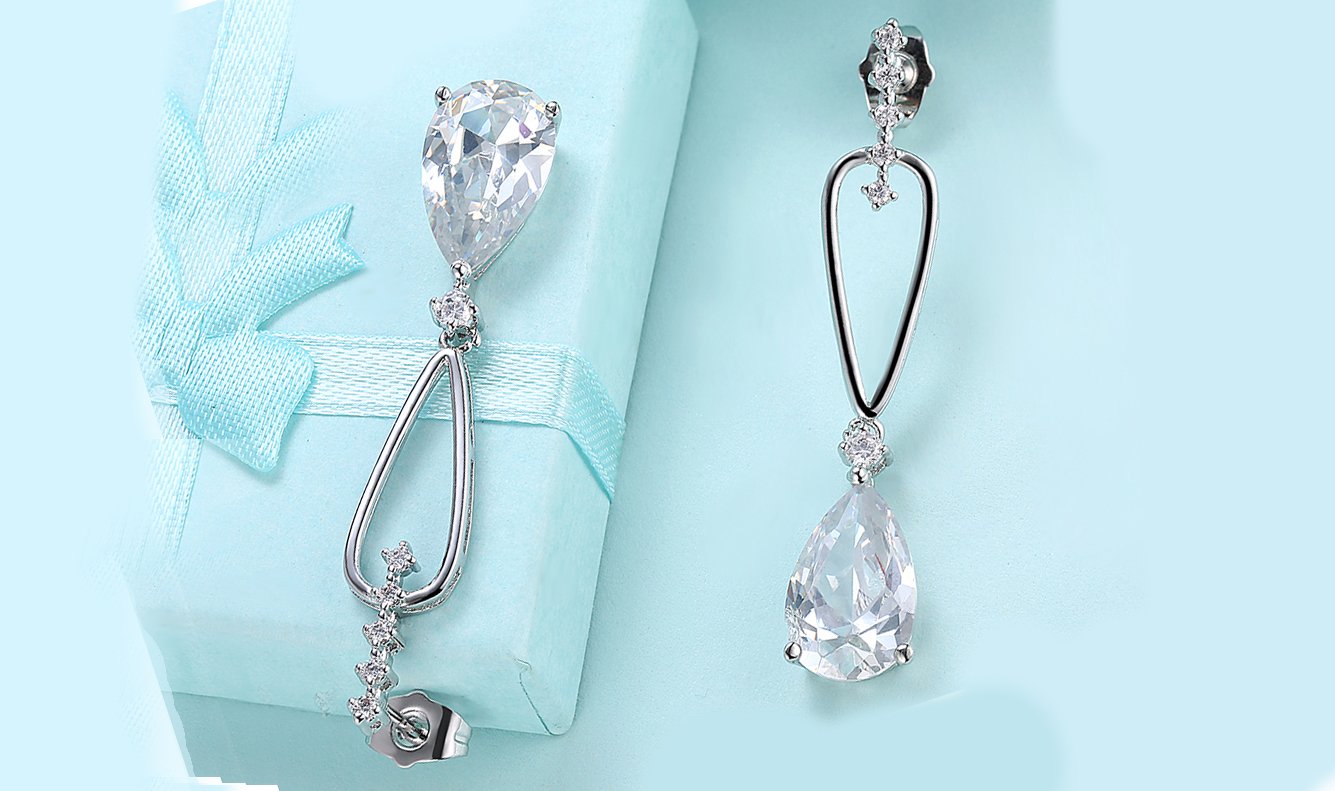 14K White Gold Tone  Dangling White Luxe Pear Cut Earrings ITALY Design