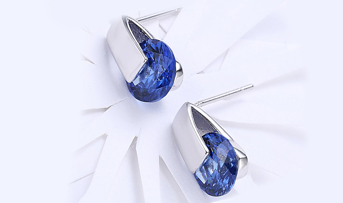 14K White Gold Tone  Sleek Blue Sapphire Earrings