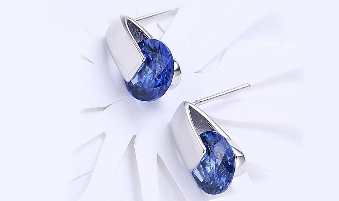 14K White Gold Tone  Sleek Blue Luxe Elements Earrings ITALY Design