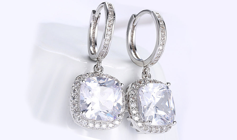 White Sapphire Asscher Cut Dangling Lever back Earrings in 14K White Gold