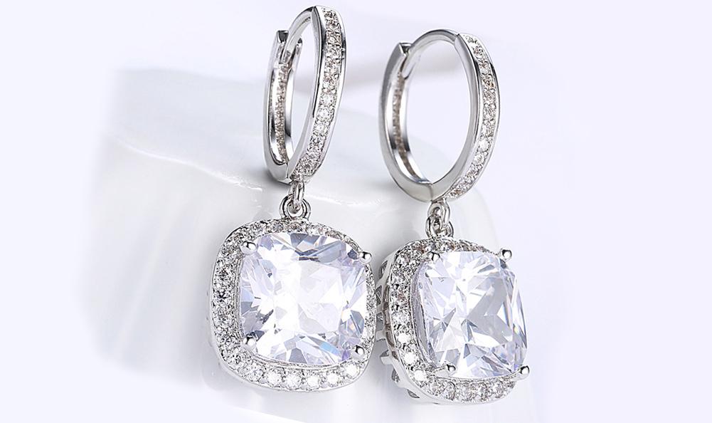 White Luxe Asscher Cut Dangling Lever back Earrings in 14K White Gold ITALY Design