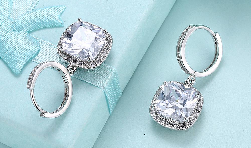 White Luxe Asscher Cut Dangling Lever back Earrings in 14K White Gold ITALY Design