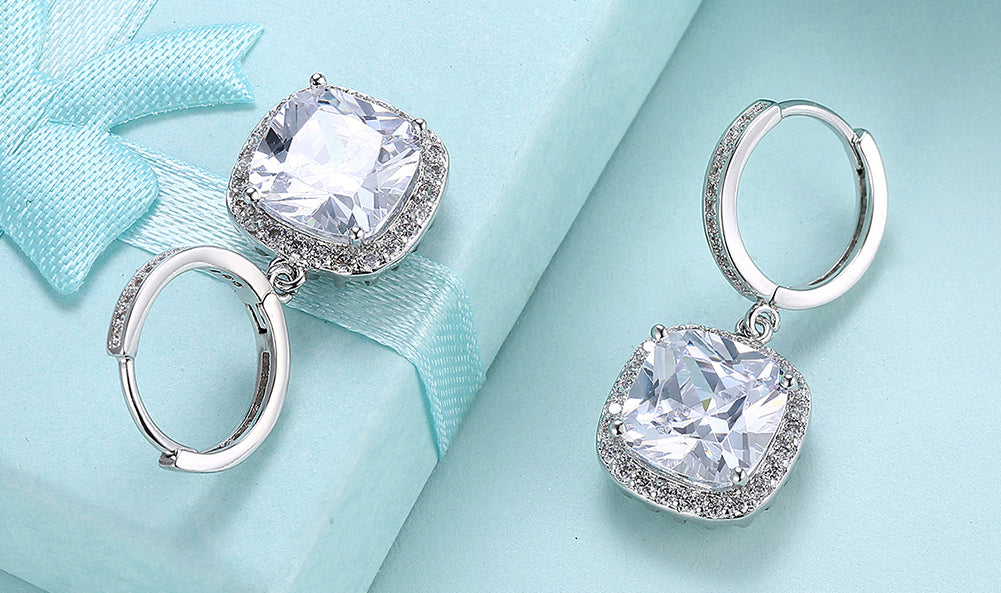 White Sapphire Asscher Cut Dangling Lever back Earrings in 14K White Gold
