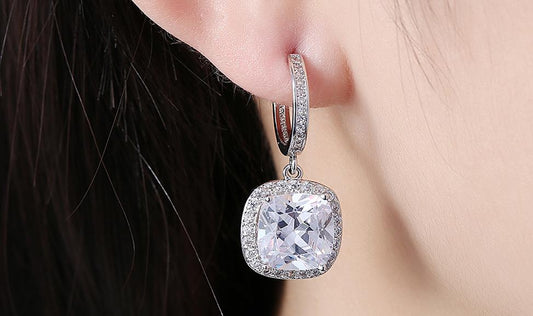 White Luxe Asscher Cut Dangling Lever back Earrings in 14K White Gold ITALY Design