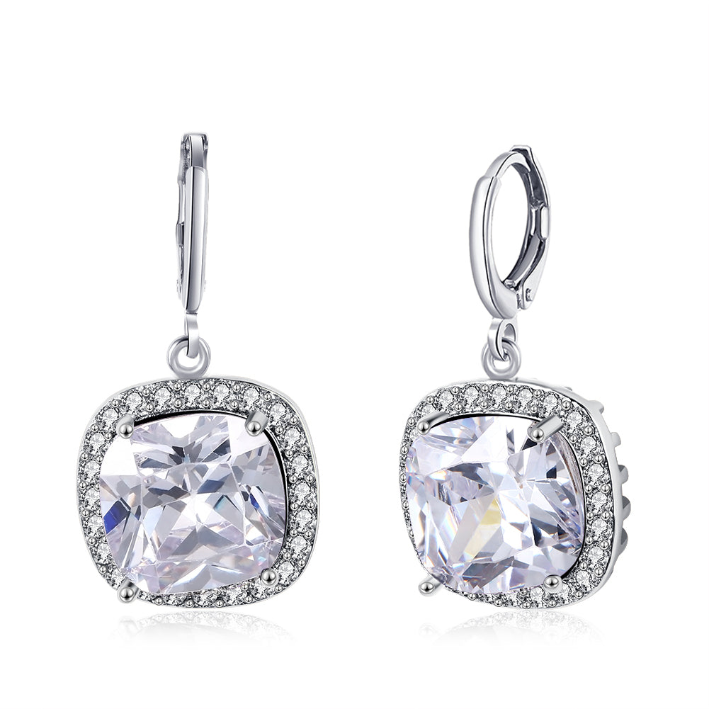 3.00 Ct Asscher Cut Halo Drop Earring in  Silvertone