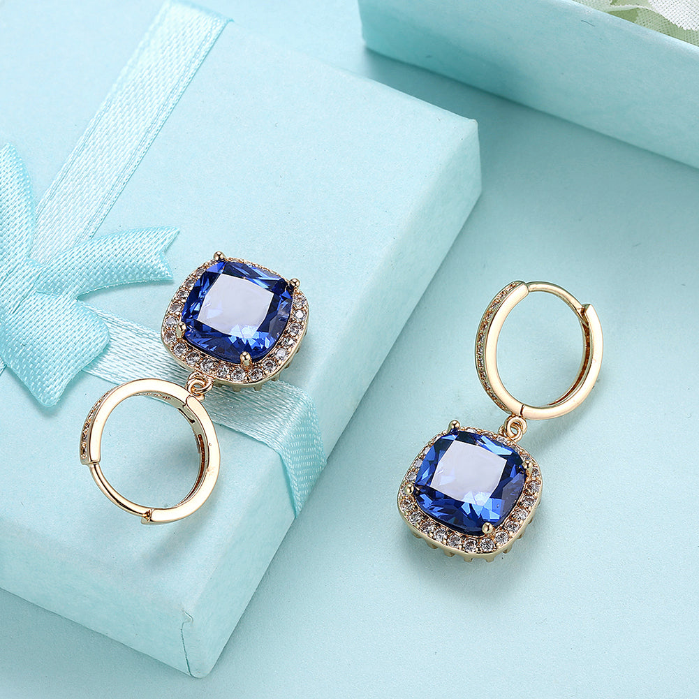 3.00 Ct Sapphire Asscher Cut Halo Drop Earring in Goldtone
