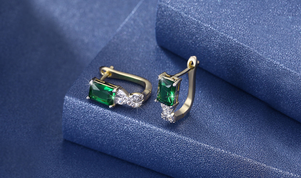 Goldtone Tone  Emerald Cut Green  Elements Twisted Pav'e Lever back Earrings