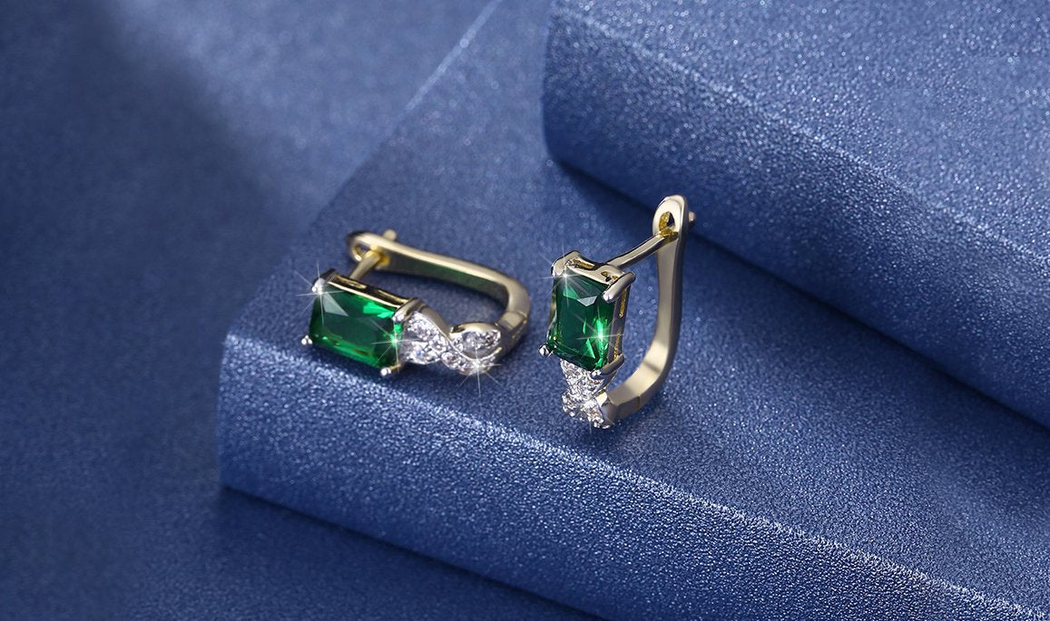 Goldtone Tone  Emerald Cut Green Elements Twisted Pav'e Lever back Earrings ITALY Design