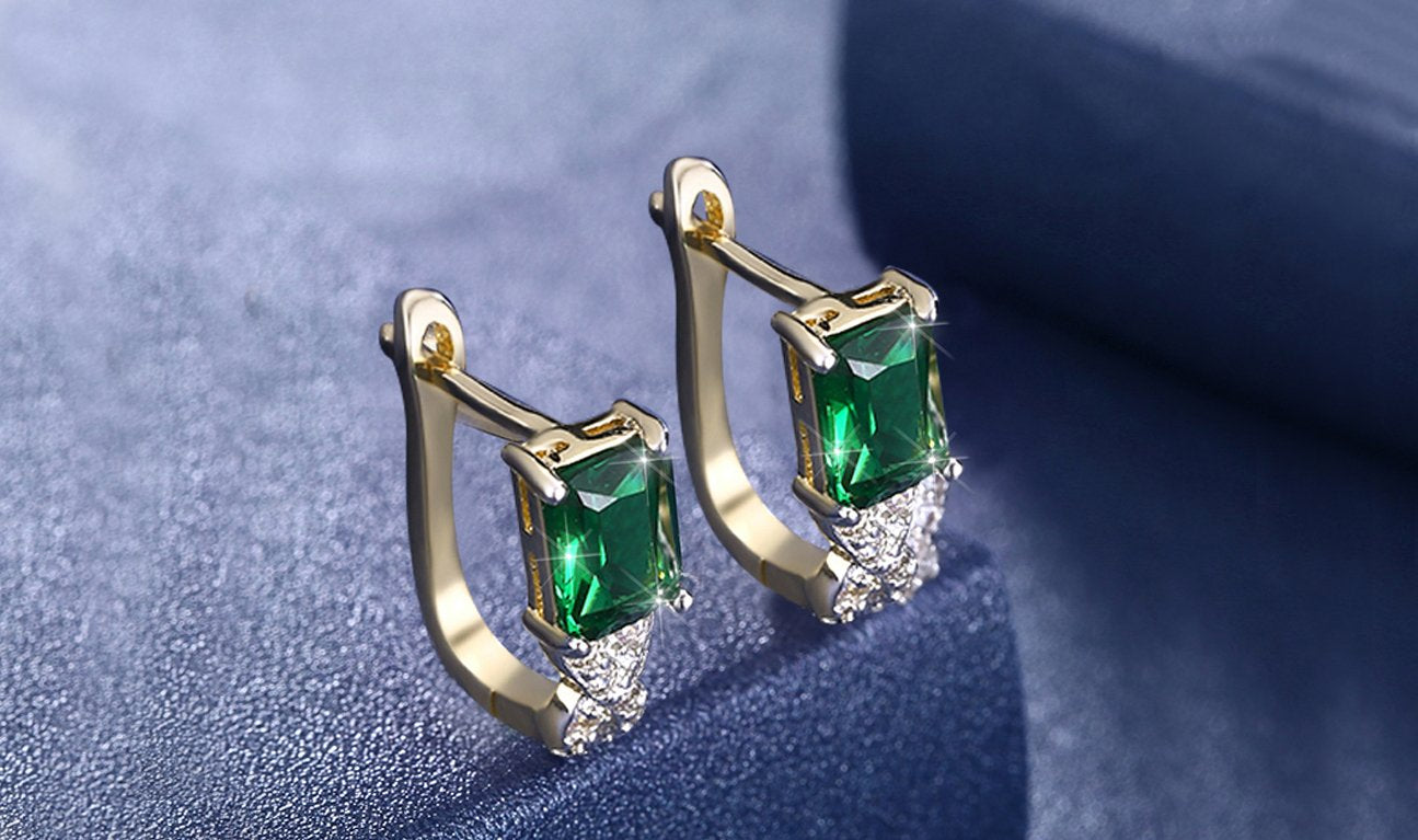 Goldtone Tone  Emerald Cut Green Elements Twisted Pav'e Lever back Earrings ITALY Design