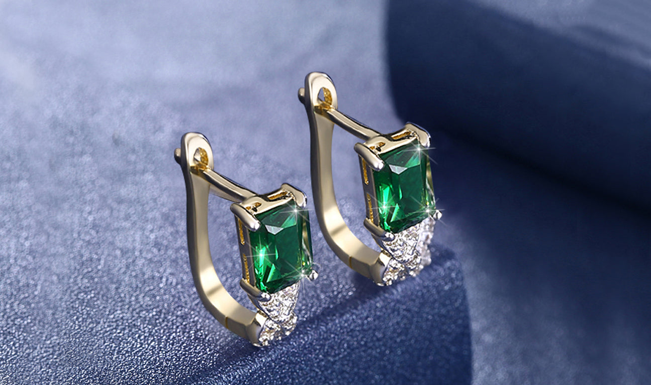 Goldtone Tone  Emerald Cut Green  Elements Twisted Pav'e Lever back Earrings