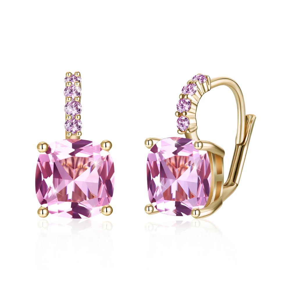 Pink Asscher Cut  Pav'e Leverback in Goldtone