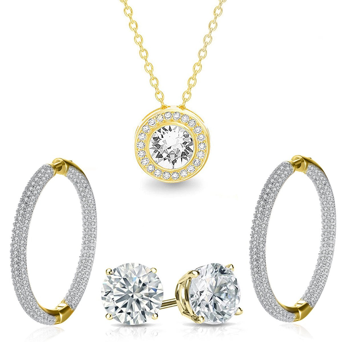 Pave Halo Disc Necklace & Pave Hoop Earring made With Luxe Crystals with Luxe Box - Goldtone ITALY Design