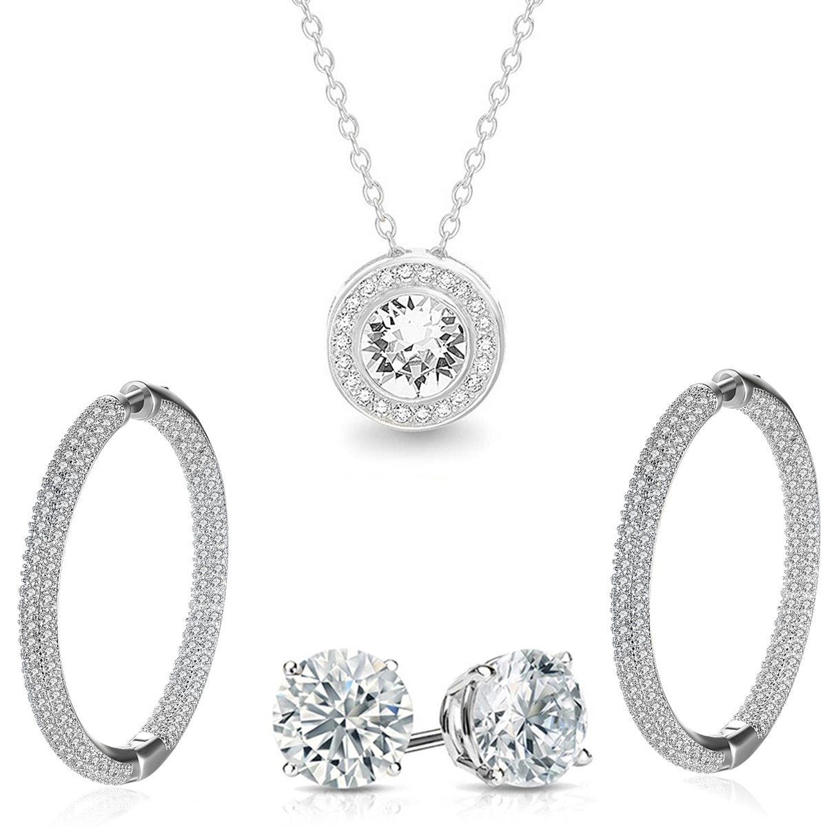 Pave Halo Disc Necklace & Pave Hoop Earring made With Luxe Crystals with Luxe Box - Goldtone ITALY Design