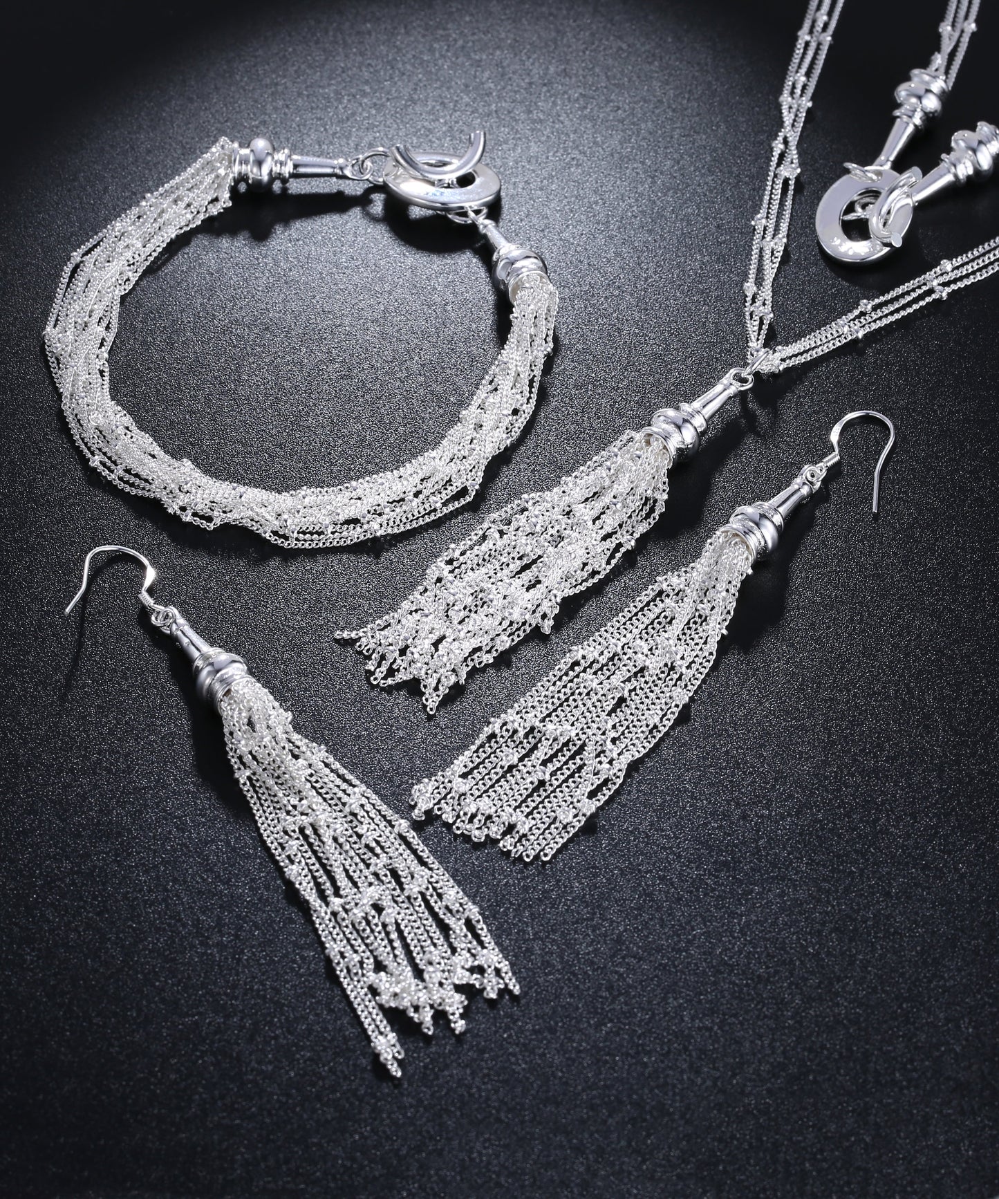 3 Piece Fringe Tassell  Silvertone Set in  Silvertone
