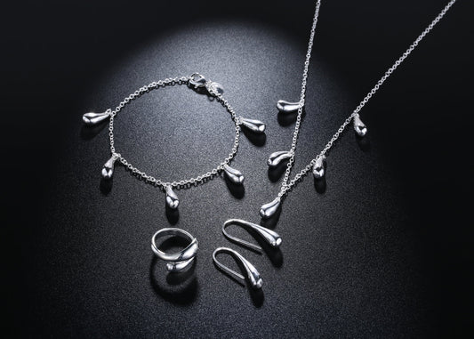 4 Piece Waterdrop Jewelry  Silvertone Set in  Silvertone