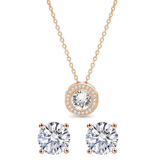 Pave Halo Disc Necklace & Stud Earring With Luxe Crystals with Luxe Box - RoseGoldtone Gold ITALY Design