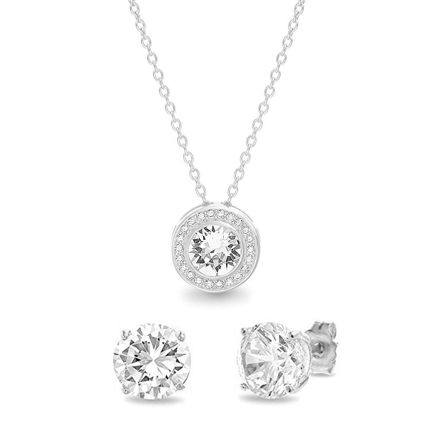 Pave Halo Disc Necklace & Stud Earring With Luxe Crystals with Luxe Box - Silvertone ITALY Design