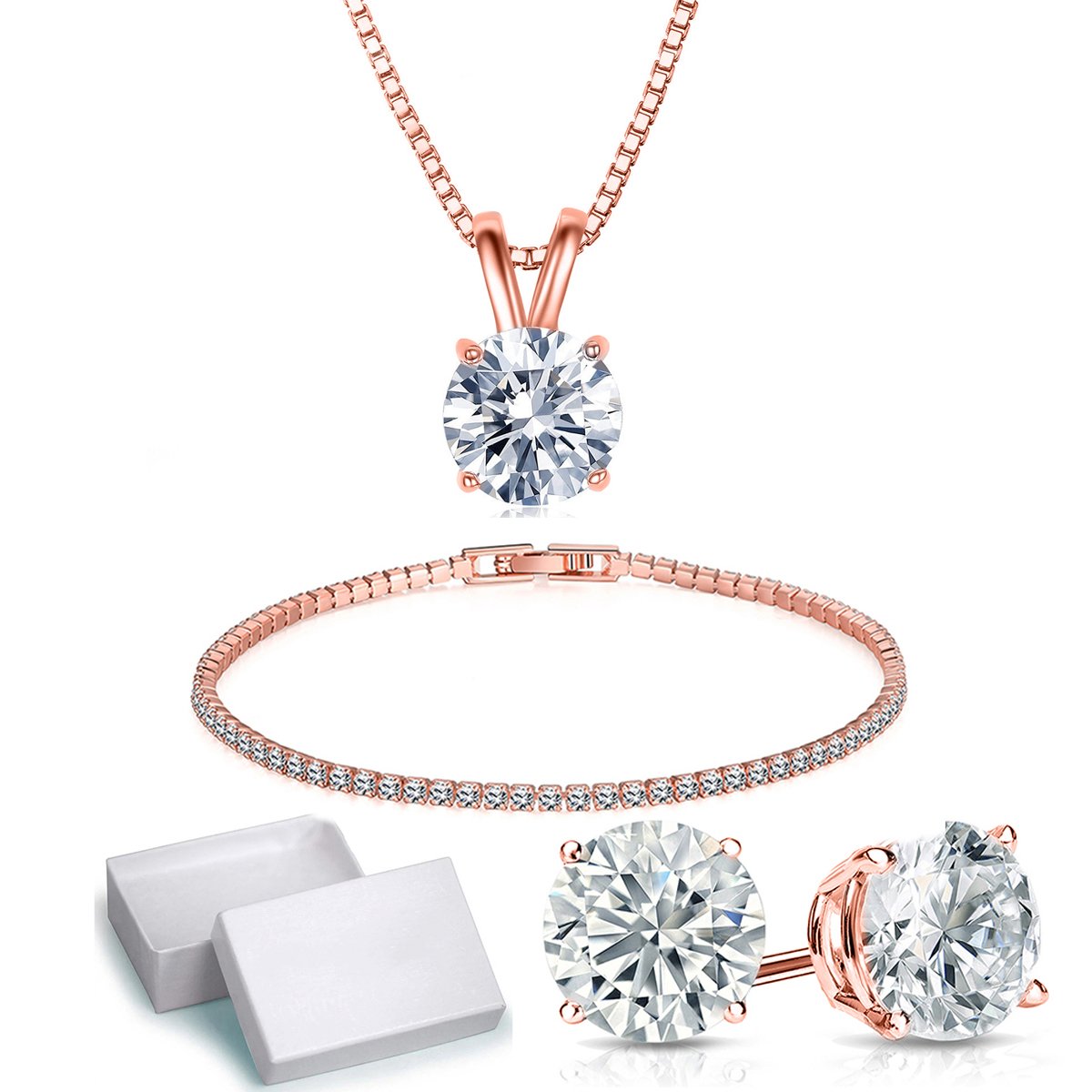 Solitaire Necklace and 4 Prong Earring made With Luxe Crystals with Gift Box - 3 Options Available ITALY Design