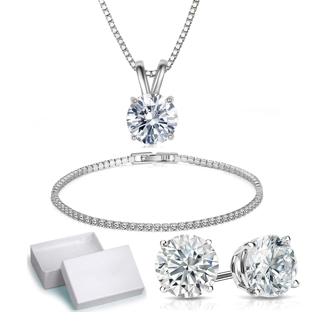 Solitaire Necklace and 4 Prong Earring made With Luxe Crystals with Gift Box - 3 Options Available ITALY Design