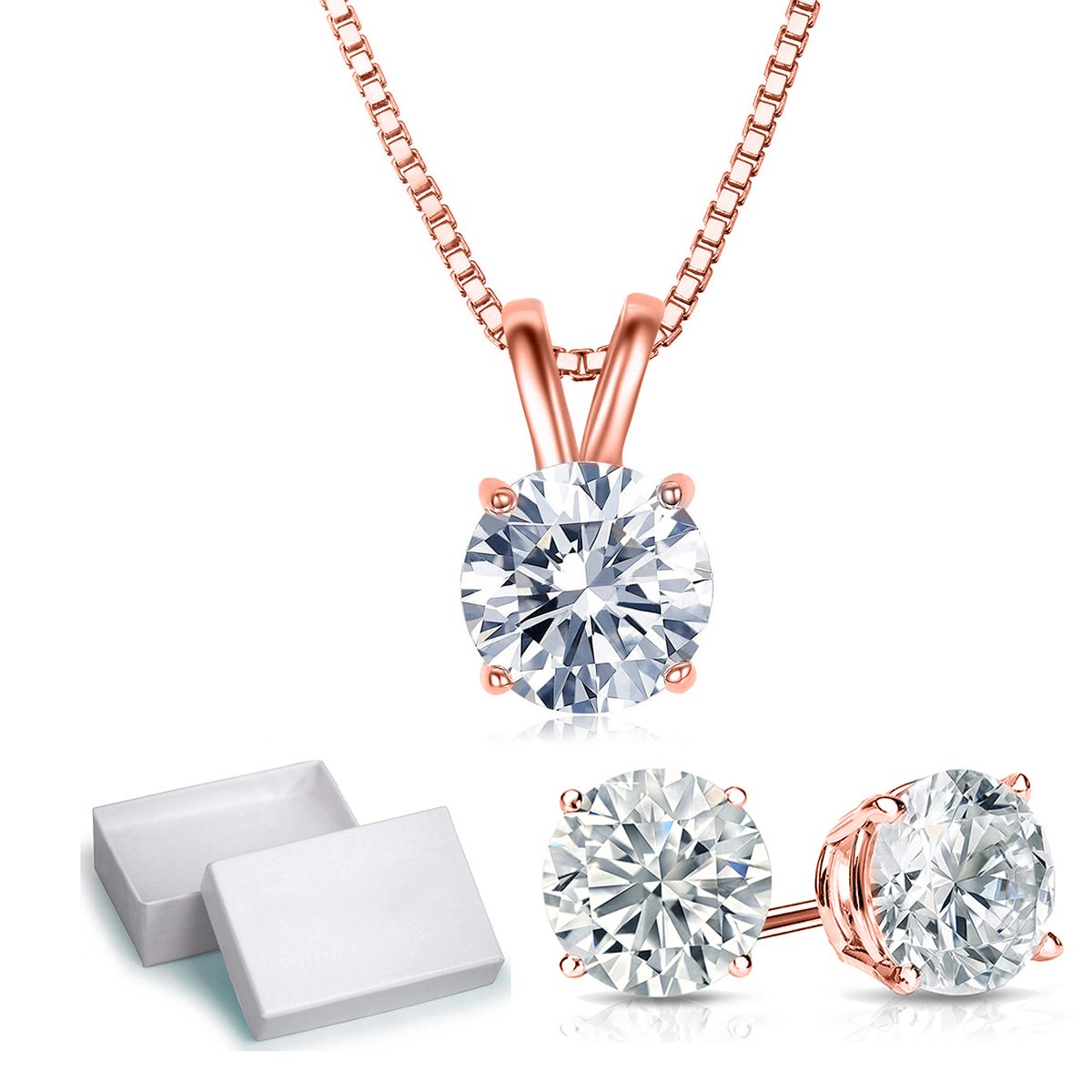 Solitaire Necklace and 4 Prong Earring made With Luxe Crystals with Luxe Box - RoseGoldtone Gold ITALY Design